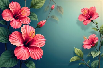 Obraz premium Bold hibiscus print, stylized blooms & foliage against solid backdrop , seamless, vintage, floral