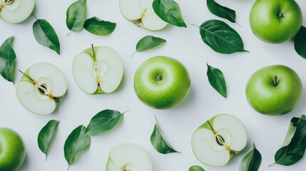 Fresh green apples, sliced and whole, with leaves