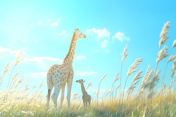 Obraz premium Two giraffes standing in tall grass under a bright blue sky with scattered white clouds above them all