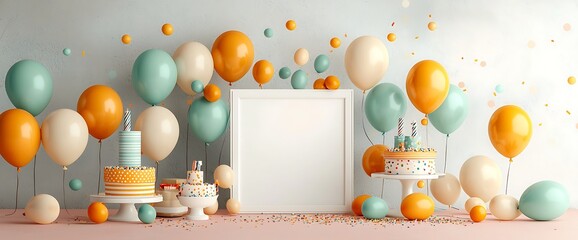 Festive scene balloons, cakes, confetti, empty frame, pastel colors. Perfect for events