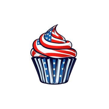 Stylist cupcake with design of American flag isolated on transparent white background, clopping path, PNG.