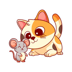 Cute cat playing with mouse cartoon, friendly concept. Animal character for kids t-shirt, sticker, drawing, coloring book page, emoji, emoticon. Vector illustration