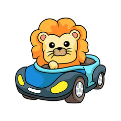 Cute lion driving child car cartoon vector illustration. Animal character for kids t-shirt, sticker, drawing, coloring book page, emoji, emoticon