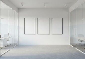 Obraz premium Three blank framed posters on a white wall in an office with glass walled rooms and gray flooring