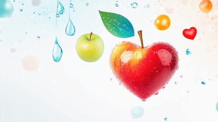 Vibrant heart-shaped apple surrounded by fresh fruits and water droplets