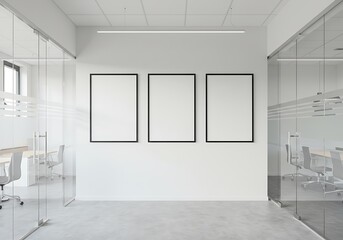 Obraz premium Three blank framed posters hang on white wall in modern office space with glass walled conference rooms