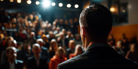 Fototapeta premium Rear view of a speaker addressing a large audience under a spotlight in a formal setting