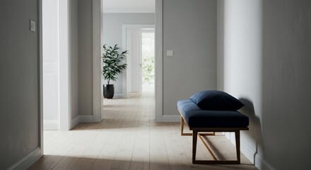 Serene Minimalist Hallway Interior Design with Blue Bench