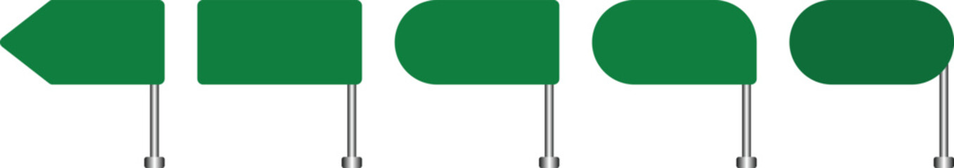 Obraz premium Empty traffic signs. Traffic control signs and road direction signboards. Road traffic signs of different shapes. Street signs. Collection of blank green road sign. Road signs vector illustration