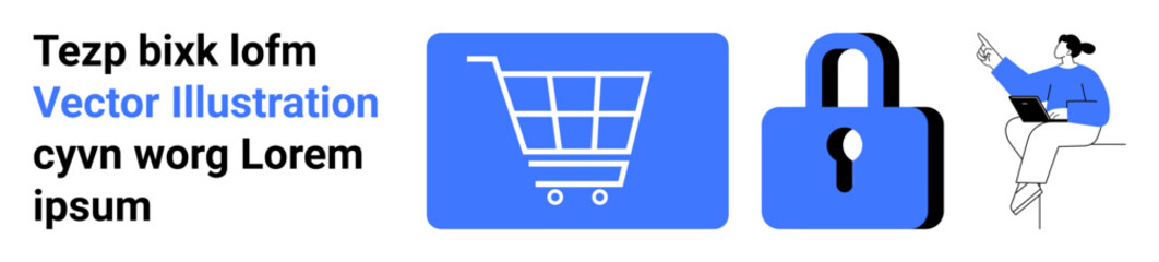 Shopping cart and padlock emphasize online security and e-commerce, while a seated woman using a laptop suggests analysis. Ideal for e-commerce, security, technology, data, research, analytics