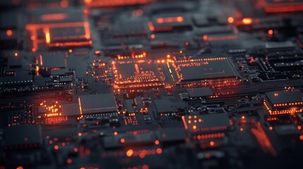 Complex circuit board with glowing components