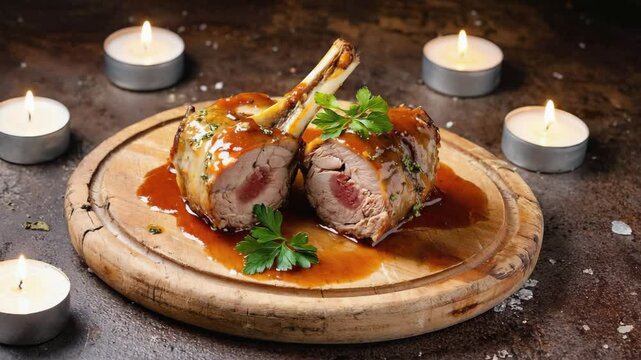 Osso buco, close-up of braised veal shank with gremolata, rich sauce and garnish with parsley, warm candlelit dinner setting
