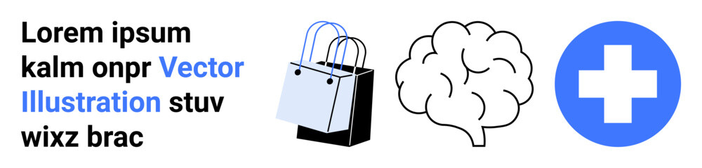 Shopping bags highlight retail, a brain symbolizes mental health, and a medical cross conveys healthcare. Ideal for marketing, wellness, neuroscience, therapy, health, e-commerce flat landing page
