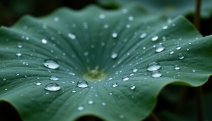 Raindrops glisten on large green lotus leaf, creating serene and tranquil atmosphere in nature. droplets reflect light beautifully