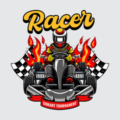 Naklejka premium Kart sport racing, red color with man driver from front view cartoon illustration for poster, t-shirt print, business element, social media content, blog, sticker, vlog, and card