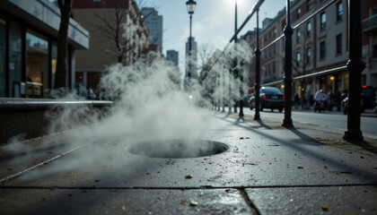 Obraz premium Steam rising from subway grate creates mysterious atmosphere on bustling city street, blending urban life with natural elements