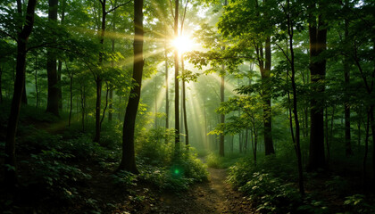 Naklejka premium Sunlight filtering through dense green forest creates serene atmosphere, illuminating path with warm glow