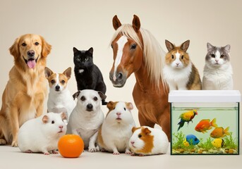 A diverse group of pets including dogs, cats, small animals, a horse and fish in an aquarium. Concept of animal variety and pet ownership for animal welfare content.