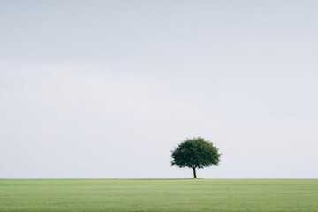 Fototapeta premium solitary tree stands in vast green field beneath pale blue sky minimalistic composition