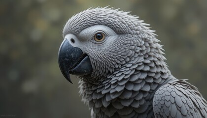 Fototapeta premium Close up portrait of an african grey parrot with detailed feathers and dark beak view