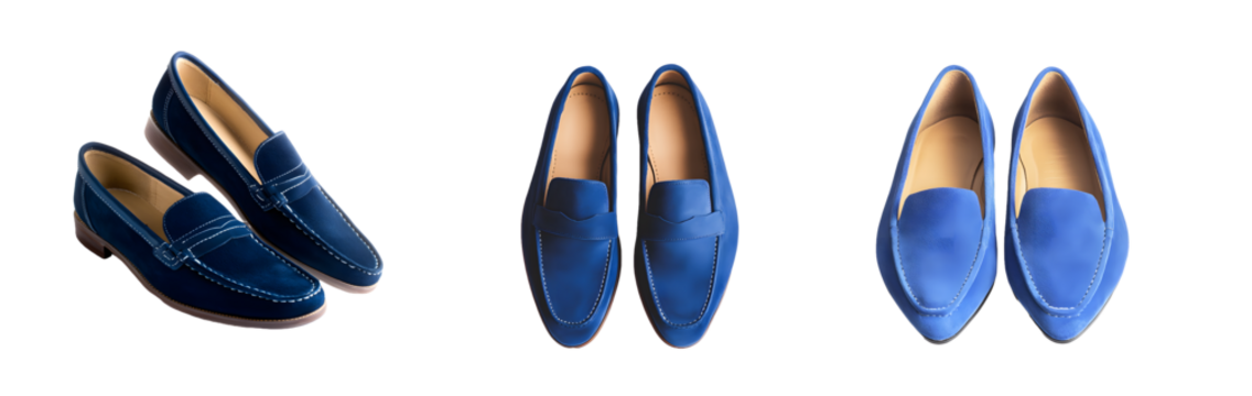 Set of pairs of deep blue suede slip on loafer isolated on transparent background