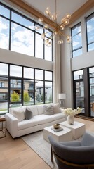 Fototapeta premium Modern living room with large windows, showcasing a spacious layout and neutral color palette
