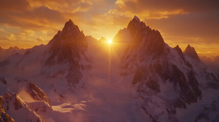 Naklejka premium Majestic sunset illuminates snow-capped mountain peaks, creating a breathtaking panorama of nature's beauty.