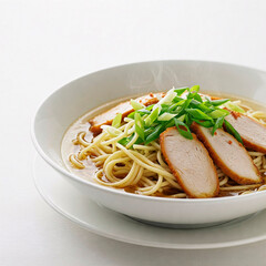 Bowl of Japanese ramen noodles with pork on white background.