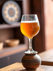 Ethiopian berele vessel takes center stage, proudly holding a golden, slightly cloudy glass of Tej, Ethiopia's revered honey wine.