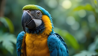 Obraz premium Close up portrait of a blue and yellow macaw with green foliage in the background