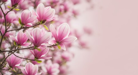 Blooming Pink Magnolia Flowers on Soft Pink Background in Beautiful Spring Scene