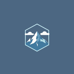Mountain peak adventure travel logo design with clouds in geometric frame for outdoor brand identity