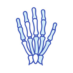 Human hand bones on black background with blue outlines