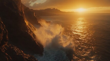 Fototapeta premium Dramatic sunset over crashing waves against cliffs