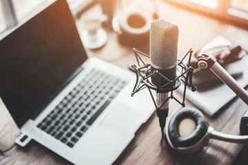 Modern workspace with laptop, microphone, and headphones