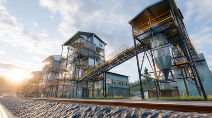 Modern coal processing plant with conveyor systems and industrial structures under bright sky