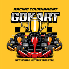 Three Go-Kart sport racing with checkered flag from front view cartoon illustration for poster, t-shirt print, business element, social media content, blog, sticker, vlog, and card