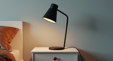 Modern Minimalist Bedroom Design: Illuminated Nightstand with Sleek Black Table Lamp