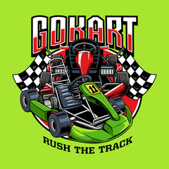 Kart sport racing red-green color logo emblem cartoon illustration for poster, t-shirt print, business element, social media content, blog, sticker, vlog, and card