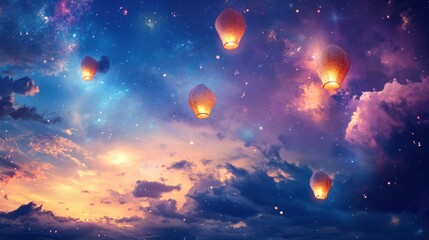 Fototapeta premium Sky lanterns ascend into a vibrant, starry twilight sky