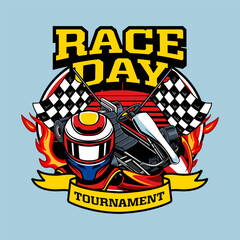 Kart sport racing with helmet and checkered flag emblem cartoon illustration for poster, t-shirt print, business element, social media content, blog, sticker, vlog, and card