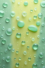 Close-up of fresh green water drops scattered across a smooth yellow-to-green gradient surface, evoking hydration and freshness.
