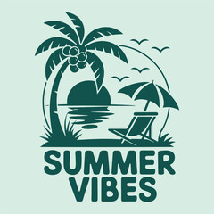 Summer Vibes Tropical Beach Sunset Illustration with Palm Tree and Lounge Chair