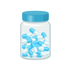 Blue pills in transparent bottle. Vector cartoon flat illustration of container with medication. 