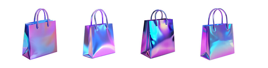 Set of decorative shopping bags with holographic iridescent pattern isolated on transparent background