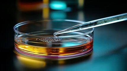 Clear petri dish with amber liquid being added by dropper.