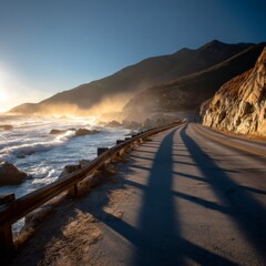 Obraz premium coastal highway - long shadows from rocky outcrops stretching across the pavement, guardrails gleaming above crashing surf, road disappearing around a dramatic headland