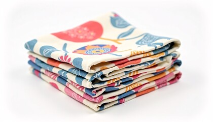 A set of hand stitched cotton napkins with block print patterns, folded neatly on a white background, with vibrant colors and crisp textures, high detail.