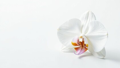 Delicate white orchid blossom on pure white backdrop, botanical, isolated, bloom