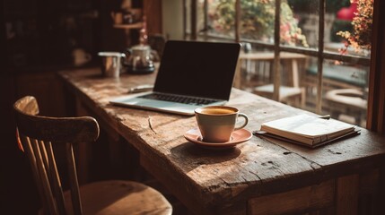 Rustic wooden desk workspace with laptop and coffee.
